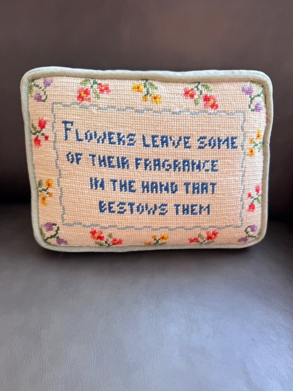 Vintage Needlepoint Pillow With Floral Design & Blue Velvet Backing 11" X 8" X 2